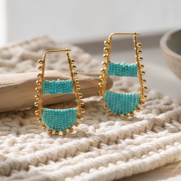 NKULTD Jewelry - Indian Artisanal Aqua Beaded Statement Drop Earrings Handmade Ethnic Chic